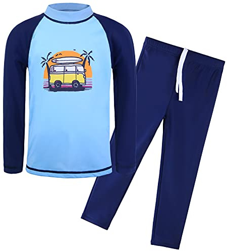 HUAANIUE Boys 3-12Y Two Piece Long Sleeve Swimsuit UPF 50+ Sun Protection(Long BlueCar,140/146)