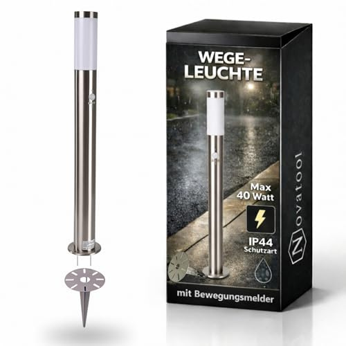 Novatool Gartenlampe I 110 cm I mit Bewegungsmelder I mit Erdspieß I Edelstahl I IP44 I E27 Sockel I Gartenleuchte Stehlampe Säulenlampe außen Außenlampe Aussenleuchten Sockelleuchte Pollerleuchte
