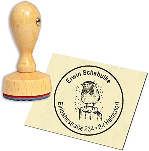 Stempel Adressstempel Holzstempel - Rotkehlchen im Winter - rund ∅ 40mm personalisiert als Firmenstempel Namensstempel Bürostempel