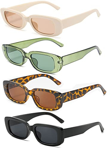 Unning 4 Pack Retro Rectangle Sunglasses Women Vintage 90s Trendy Sunglasses Set Square Glasses for Women
