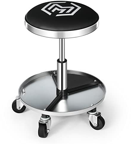 M-AUTO Pneumatischer Roll-Mechaniker-Hocker mit Rädern, 113,4 kg Kapazität, 45,7 cm bis 58,4 cm, höhenverstellbar, mobiler Garagen-Sitz mit Abnehmbarer Werkzeugablage, Schwarz