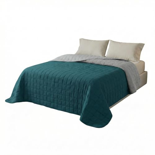 INTRECCI Copriletto Matrimoniale Estivo, Trapunta Estiva Matrimoniale, 260x260 cm, Coperta Estiva, anche Primaverile, Double Face, Moderna, Leggera, Elegante. Colore: Petrolio/Grigio