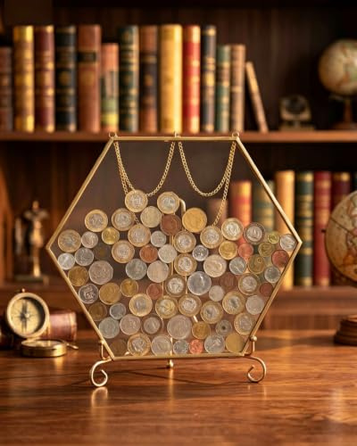 WANLIAN Goldgerahmter Geldtresor, Wand-Eisenrahmen, Sammlerregal, Glas-Münztresor (Hexagonal)