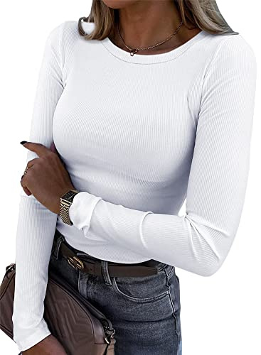 Roselux Womens Long Sleeve Stretch Crewneck Ribbed T-Shirt Fitted Casual Basic Tops(3922,White-XL)