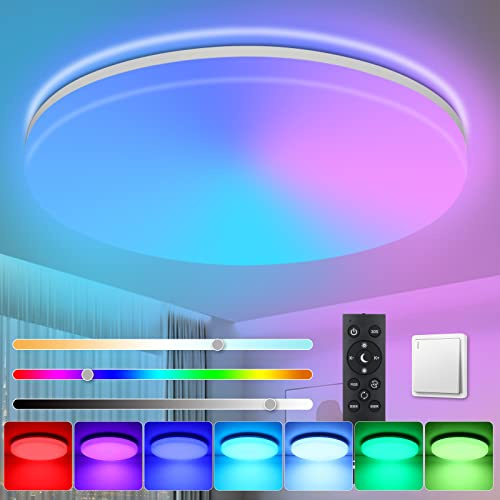 Oraymin LED Deckenlampe Dimmbar 24W, Deckenleuchte mit Fernbedienung, IP54 Wasserdichte Badezimmer Lampen, Deckenlampe LED Farbwechsel 3000K-6500K für Schlafzimmer Kinderzimmer Wohnzimmer Küche, Ø28CM