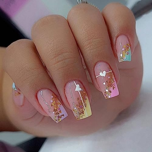 24 Stück Falsche Nägel Regenbogen Liebe Press on Nails Eckig Mittel French Künstliche Nägel Full Cover Kunstnägel Nägel Zum Aufkleben Natürliche Acryl Fingernägel Fake Nails für Frauen und Mädchen