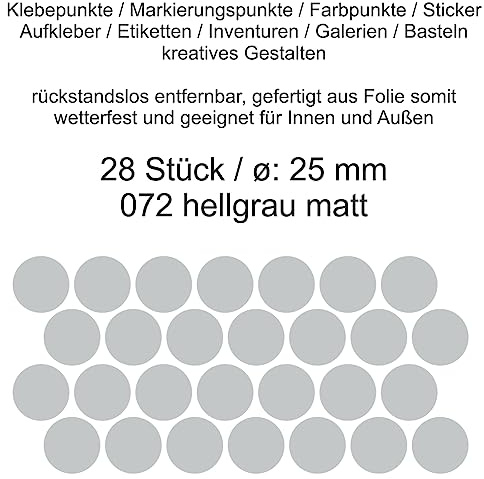 Aufkleber Etiketten Klebepunkte aus Folie 28 Stück grau hellgrau rund 25 mm selbstklebend farbig wetterfest Decal Markierungen Organisieren DIY basteln verzieren Modellbau Scrapbooking