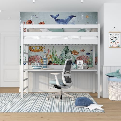 N-wood N01 Hochbett mit Schreibtisch Holz 80x200 cm, Etagenbett mit Leiter, 2 Leitermontageseiten: Links oder rechts, sichere abgerundete Kanten, Stabile Massivholzkonstruktion, Weiß