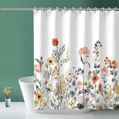 Chenbing Art Duschvorhang Polyster Weiß Blumen 90x190cm Wasserdicht Anti-Schimmel Shower Curtains aus Waschbar Schnell Trocknend Badvorhang für Badezimmer, Badewanne mit 12 Duschvorhängeringen