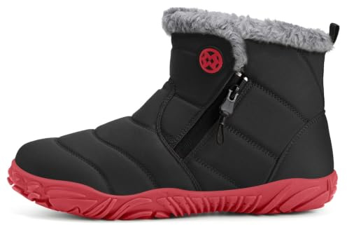 Gaatpot Men Barefoot Winter Boots Fur Lined Ankle Snow Booties Warm Slip On Water-resistant Wide Toe Boots Shoes Size Black-red 12UK=47