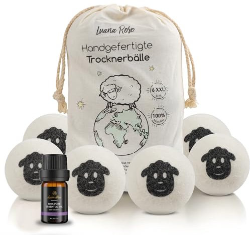 Luana Rose Trocknerbälle für Wäschetrockner | 6er set +1 ätherisches Öl | Trockner Bälle aus 100% reiner Schafwolle | Wool dryer balls für Daunen | Weiß
