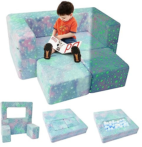 MeMoreCool Kindersofa Spielsofa, Schaumstoff Bausteine, Couch Ausklappbar Im Dunkeln leuchtende, Schlafzimmermöbel, Modulare Mini Sofa für Spielzimmer, Softbausteine für Kuschelecke Kinderzimmer