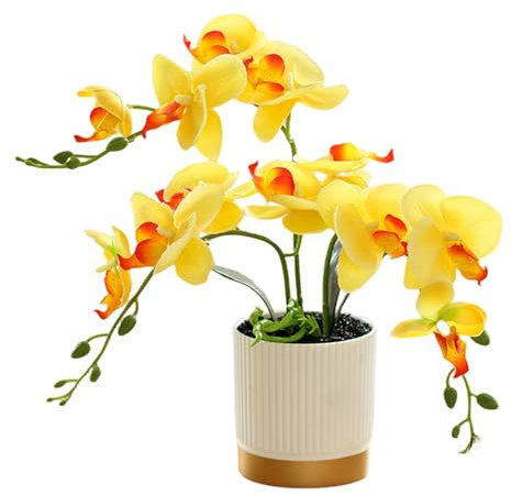 Generisch Künstliche Orangefarbene Dreizackige Orchideenblume im Topf Goldener Boden Phalaenopsis Dekorationsblume mit Blumentopf Eingetopfte Weiße Schmetterlings Simulationsblume (Gelb)