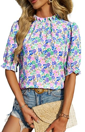 BTFBM Womens Tops 2026 Dressy Casual Blouses Summer Spring Clothes Mock Neck Short Sleeve Shirts Business Work Fall Outfits(Floral Pink Blue, X-Large)