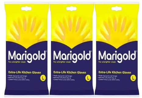Welari Marigold 3 x 1pair Extra Life Kitchen Rubber Gloves Thank You Card Size L Large Cotton Lined Strong Triple Layered Multipurpose Cleaning (3pair) (3pack)