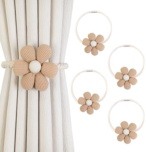 LIMEOW 4 Piezas Alzapaños Cortinas, Soporte Magnético para Cortinas, Alzapaños de Flores, Recoge Cortinas, Decorativos Hechos a Mano, con Cierre Magnético, para Cortinas De Hogar, Oficina(Café)