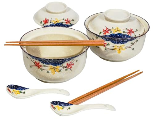 Ceraozmus Keramik-Ramenschüssel-Set, 800 ml, mit Deckel, Löffel und Essstäbchen, Japanische Vintage Große Suppenschalen Instant Nudel Schüssel Asiatisch Geschirr (Farbe*2)