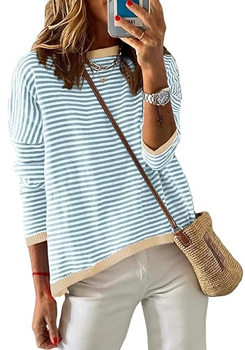 Cuptacc Pullover Damen Gestreiftes Shirt Rundhalsausschnitt Oversize Sweatshirt Langarm Pulli Elegant Baugrün 2XL 50-52