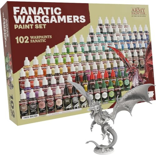 The Army Painter Warpaints Fanatic Wargamers Set, 102 x 18ml Acrylic Paints | Model Paint Set Incl. Metallics, Washes, Effects, 1 Brush & 1 Miniature - Miniature Paint Set for DnD & Warhammer