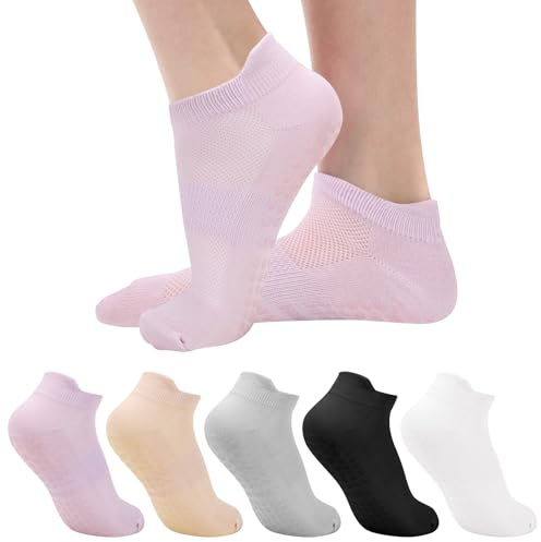 Mayoii 5 Paar Pilates Grip Socken für Frauen, Yoga Anti-Rutsch-Socken mit Griff rutschfeste griffige Socken, Weiß, Schwarz, Grau, Rosa, Violett, Einheitsgröße