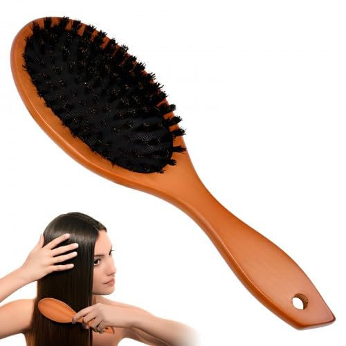 Brosse à Cheveux de poils de Sanglier Naturel, Ovale Brosse à Cheveux de Poils, Brosse Massage Cuir Chevelu en Bois Antistatique du Cuir Chevelu Peigne pour Femme Homme et Enfant à Démêler et Coiffer