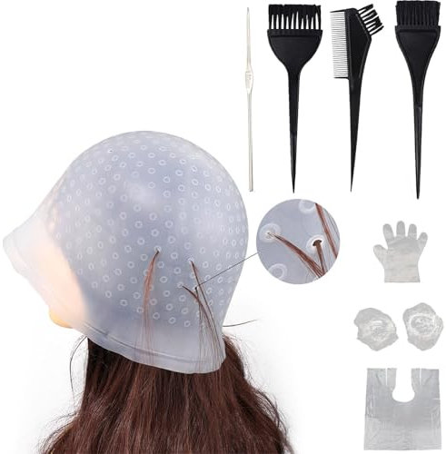 Highlight Caps,11 Pcs Silicone Highlight Cap Kit with Hair Coloring Brushes and Needle,Highlighting Frosting Cap for Color Salon Silicone Hairdressing Tools for Women Girls