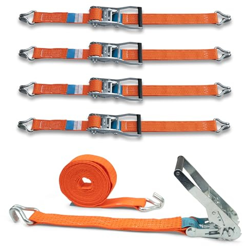 4er Set Spanngurt mit Stabiler Ratsche und Profilhaken, DoZurr 5000, belastbar bis 2500 kg, 50 mm breit x 6 m lang, orange, für LKW und große Anhänger