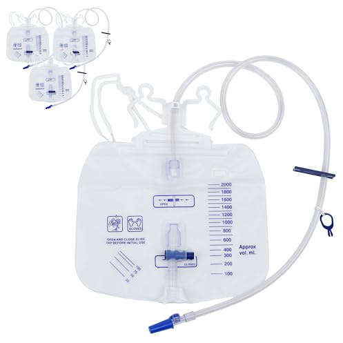 4 Pack 2000mL Catheter Bags for Men and Women,Urinary Drainage Bag with Anti-Reflux Chamber, Urine Bag with 2000 mL Volume, 48 Drainage Tube, Clips and Hanging Hook