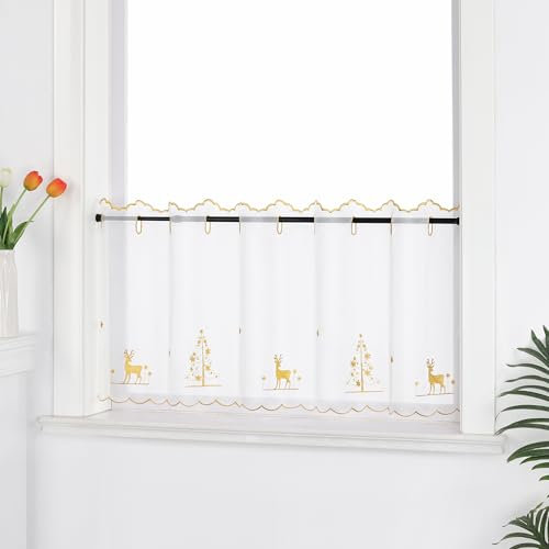 Joyswahl Weihnachtsdeko Scheibengardine Weiß Bistrogardinen durch Lochleiste Transparent Kurzstores mit Weihnachten Muster Weihnachtsgardine Gold HxB 60x120cm 1er Pack