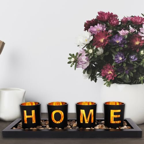 Creaher Candle Holder Set, 4 Glass Cups, Wooden Tray, Black, Polished, Shiny Glass, Tabletop, Perfect for Home Decor