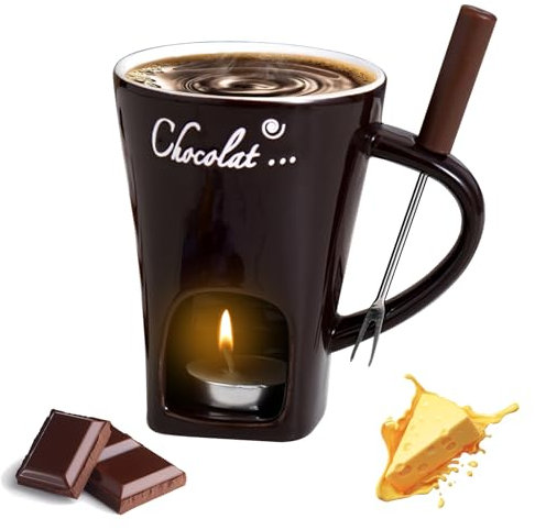 MEETOZ Tasse à fondue au chocolat en porcelaine avec fourchettes, tasse à fondue au chocolat, ensemble chauffe-beurre en céramique, tasse à fondre du chocolat pour rendez-vous, anniversaire, mariage