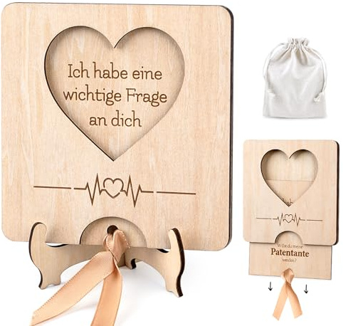 HOUISM Patentante Fragen Geschenk - Willst du meine Patentante sein? Holzkarte zum Aufziehen mit Ständer | Geschenk zur Patenbitte | Inkl. Baumwollbeutel