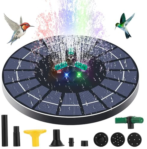 Fontana solare 4 W con asta di supporto regolabile, pompa per fontana galleggiante solare con 6 luci LED colorate, 6 ugelli e 3 tubi fissi, pompa solare per laghetto da giardino, stagno, bagno per