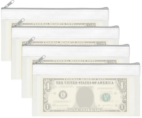 PATIKIL 20 x 10 cm sedelväskor med dragkedja, 4 st genomskinliga PVC kassainsättningsbankkuvert checkplånbok för mynt kosmetika intvioce Bill, vit