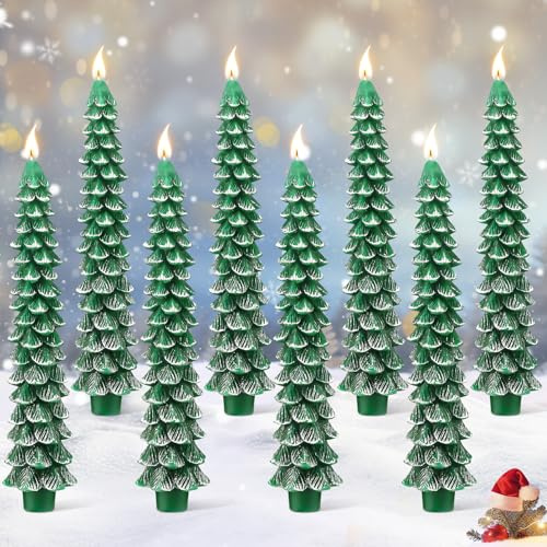 Ceoighe 8 Pack Christmas Tree Candles, 10 Inch Pure Beeswax Christmas Tree Shaped Taper Candles for Xmas Holiday Decor, Advent Party Banquet Centerpiece Decoration(Green with Silver Trim)