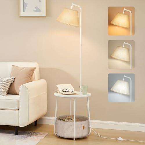 VASAGLE Tavolino con Lampada, Lampada da Terra 3 in 1 con Tavolino e Cesto in Tessuto da Soggiorno Salotto, Lampadina LED Regolabile Inclusa, Paralume ad Angolo, Acciaio, Bianco Opaco LFL004WC04