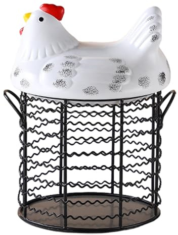 Allayu Cesta rústica para guardar huevos de Para gallina, organizador de alambre vintage para huevos y patatas, soporte hierro en forma Para gallina, cerámica, tipo+1