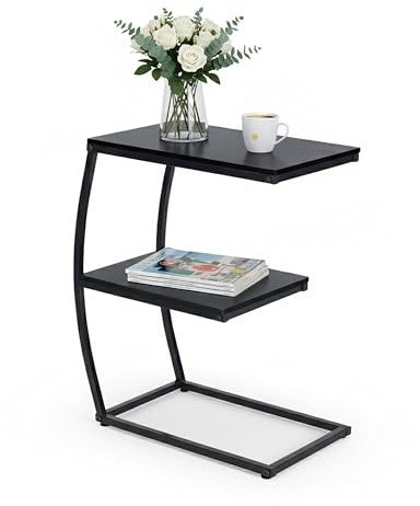 Relaxdays Beistelltisch, C-Form, 2 Ablagen, HBT 58,5 x 47,5 x 25 cm, Ablagetisch für Couch & Bett, Metall & MDF, schwarz