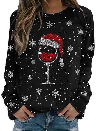 Pullover Damen Weihnachtspullover Damen Lustig Rotwein Glas Druck Sweatshirt Oversized Rundhals Langarm Ugly Weihnachten Pullover Christmas Oberteile Frauen Xmas Pulli Tops