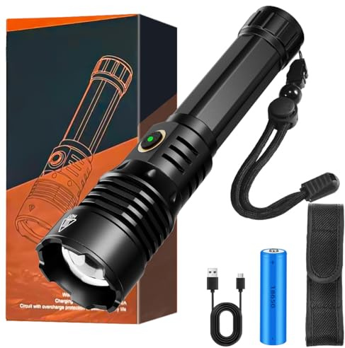 KZK LED Taschenlampe Extrem Hell, 500000 Lumen Zoombare Taktische Taschenlampe, USB-C Aufladbar Mit 6 Lichtmodi, IP67 Wasserdicht Inkl. Holster, Für Camping, Wandern, Outdoor & Notfälle