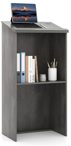 COSTWAY Floor Lectern Podium, Wooden Standing Desk Host Stage with Storage Shelf & Cable Holes, Speaking Reading Table for Classroom, Conference and Auditorium (Grey)