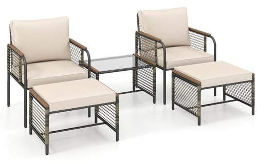 GIANTEX Set Salotto da Giardino Esterno 5 Pezzi con Cuscini, Mobili da Giardino in Rattan con 1 Tavolino in Vetro Temperato, 2 Sedie e 2 Ottomani, per Balcone, Terrazza, Patio (Beige)