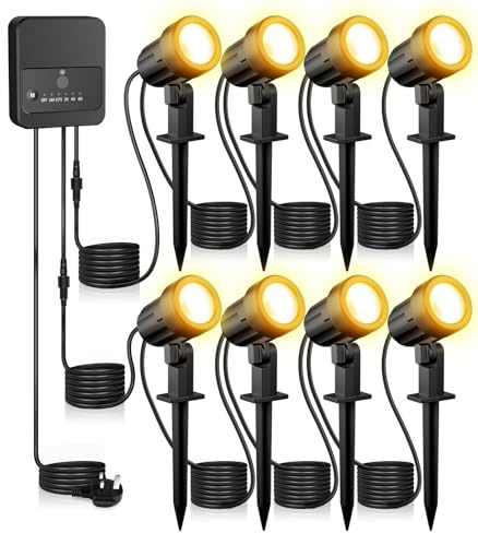 Garden Spotlights Mains Powered 23m 8-in-1 Outdoor Garden Lights 2700K | Warm White LED Landscape Lights IP66 Waterproof Decorative Pathway Spike Light for Yard Lawn Patio Tree with UK Plug