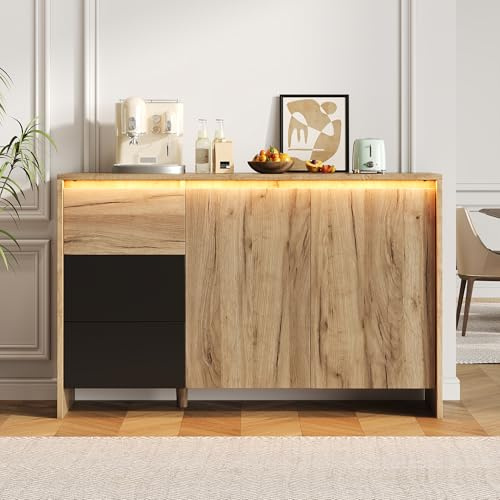 Merax Aparador con 2 puertas y 3 cajones, aparador de madera, armario de cocina buffet con efectos de luz LED multicolor y protección antivuelco, tablero de partículas/madera y negro/ancho: 76 x