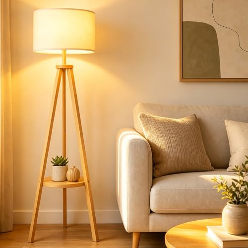 ARTETHYS Floor Lamps for Living Room, Tripod Standing Lamp with Shelf | Tall Standard Lamp with E27 Base, Modern Wooden Lamp for Bedroom Home Office