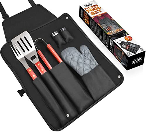 ASAB BBQ Tool Set And Apron Barbecue Accessories 7pc Grilling Set Cooking Apron Grill Oven Glove Tongs Fork Spatula Salt Pepper Shaker BBQ Utensil Set for Home Kitchen Restaurant BBQ Gifts for Men