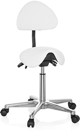 hjh OFFICE 608900 Arbeitshocker mit Lehne TOP Work 20 PU Weiß Sattelhocker mit Rollen höhenverstellbar, neigbar