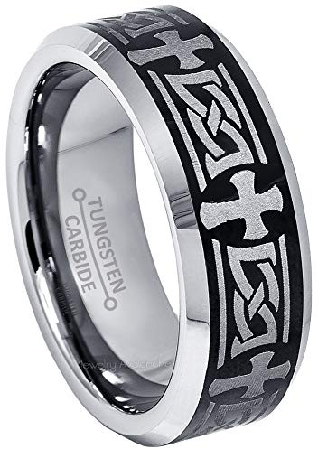 Jewelry Avalanche 2-Tone Mens Tungsten Wedding Band, Cross & Celtic Engraving Tungsten Ring - s10