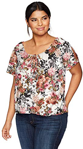 Star Vixen kvinnors plus-storlek shrt/slits SLV nyckelhål slips bondetopp W bubbla fållad blus