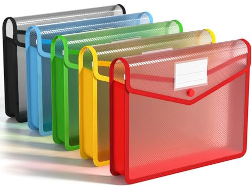 A4 Plastic Wallets, 5 Pcs Popper Wallet Plastic Document Folder Premium Pockets Files Envelope for School Office Home, with Snap Closure and Card Slot